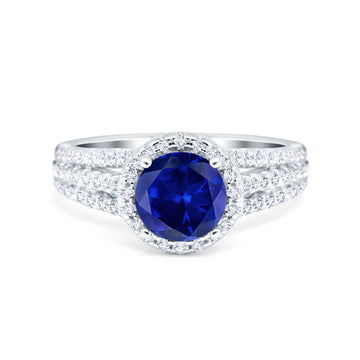 Halo Engagement Ring Accent Dazzling Simulated Blue Sapphire CZ 925 Sterling Silver